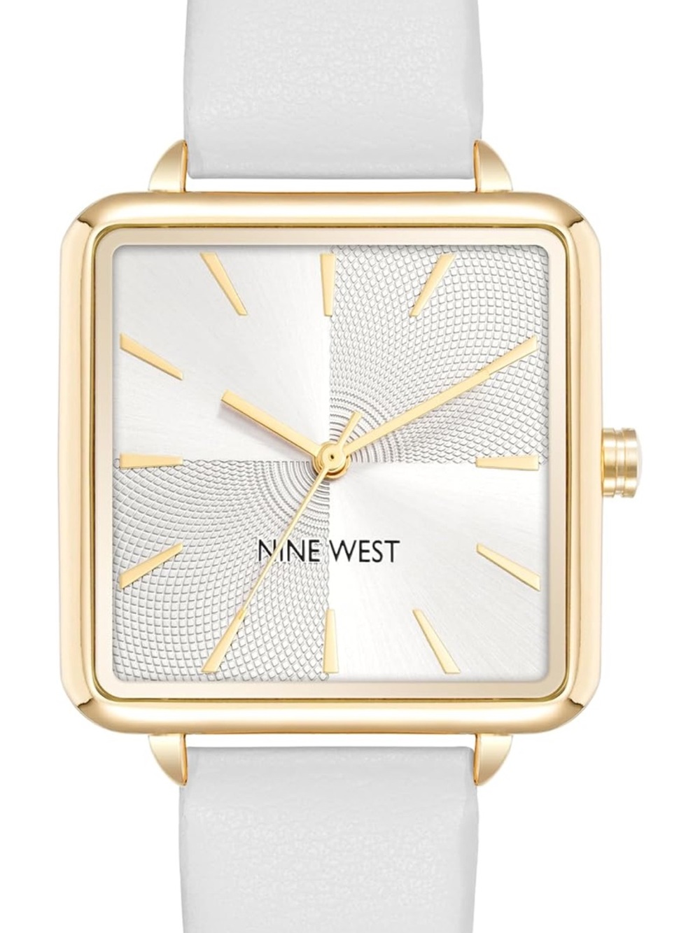 Nine West Gold Tone Square Watch with White Strap and Textured Dial